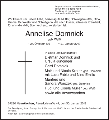 Traueranzeige von Annelise Domnick von Siegener Zeitung