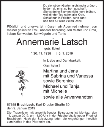 Traueranzeige von Annemarie Latsch von Siegener Zeitung