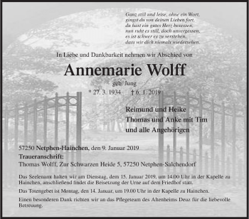 Traueranzeige von Annemarie Wolff von Siegener Zeitung