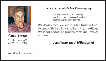 Traueranzeige von Anni Tautz von Siegener Zeitung