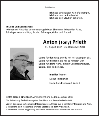 Traueranzeige von Anton Tony Prieth von Siegener Zeitung