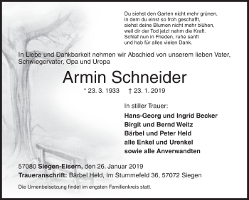 Traueranzeige von Armin Schneider von Siegener Zeitung