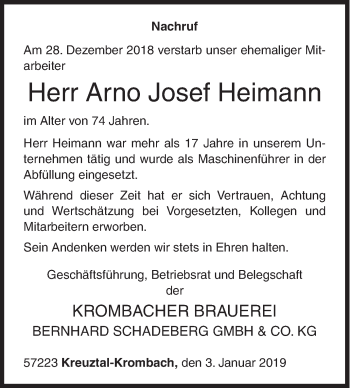 Traueranzeige von Arno Josef Heimann von Siegener Zeitung