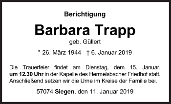 Traueranzeige von Barbara Trapp von Siegener Zeitung