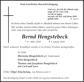 Traueranzeige von Bernd Hengstebeck von Siegener Zeitung