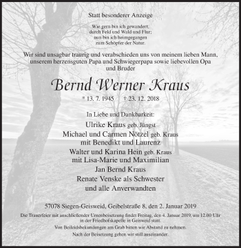 Traueranzeige von Bernd Werner Kraus von Siegener Zeitung