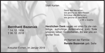 Traueranzeige von Bernhard Bazaniak von Siegener Zeitung