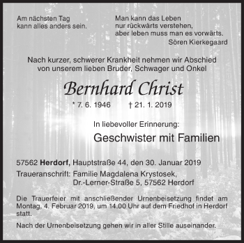 Traueranzeige von Bernhard Christ von Siegener Zeitung