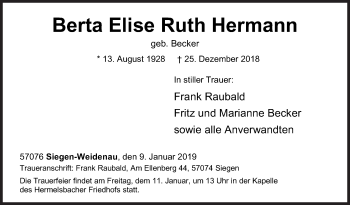 Traueranzeige von Berta Elise Ruth Hermann von Siegener Zeitung