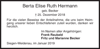 Traueranzeige von Berta Elise Ruth Hermann von Siegener Zeitung