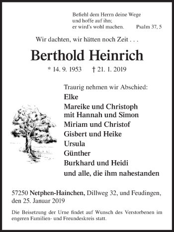 Traueranzeige von Berthold Heinrich von Siegener Zeitung