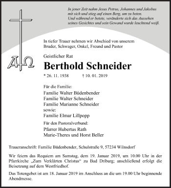Traueranzeige von Berthold Schneider von Siegener Zeitung
