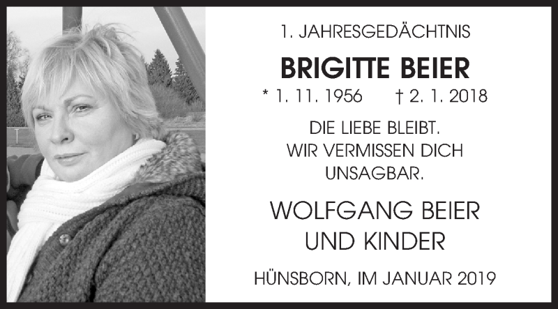  Traueranzeige für Brigitte Beier vom 02.01.2019 aus Siegener Zeitung