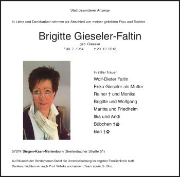 Traueranzeige von Brigitte Gieseler-Faltin von Siegener Zeitung
