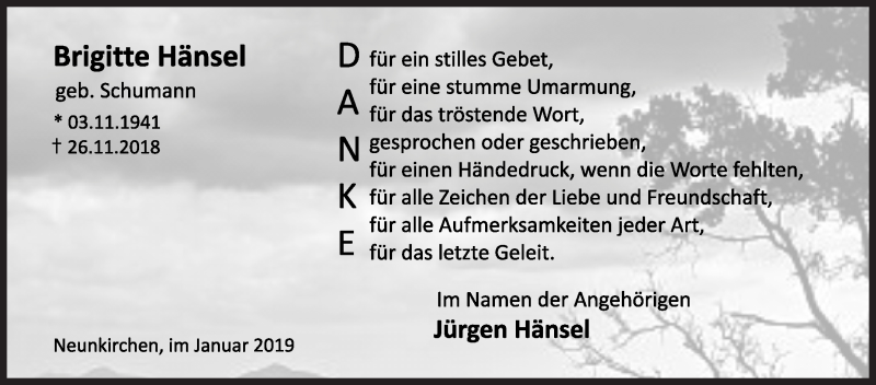  Traueranzeige für Brigitte Hänsel vom 23.01.2019 aus Siegener Zeitung