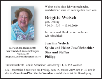 Traueranzeige von Brigitte Welsch von Siegener Zeitung