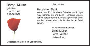 Traueranzeige von Bärbel Müller von Siegener Zeitung