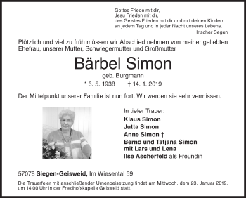 Traueranzeige von Bärbel Simon von Siegener Zeitung