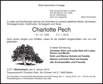 Traueranzeige von Charlotte Pech von Siegener Zeitung
