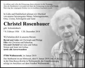 Traueranzeige von Christel Rosenbauer von Siegener Zeitung