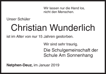 Traueranzeige von Christian Wunderlich von Siegener Zeitung