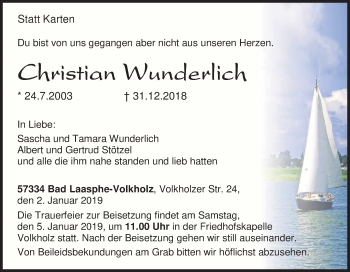 Traueranzeige von Christian Wunderlich von Siegener Zeitung