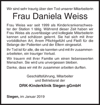 Traueranzeige von Daniela Weiss von Siegener Zeitung