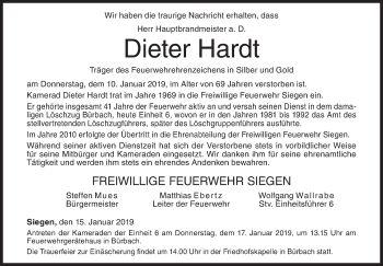 Traueranzeige von Dieter Hardt von Siegener Zeitung