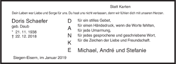Traueranzeige von Doris Schaefer von Siegener Zeitung