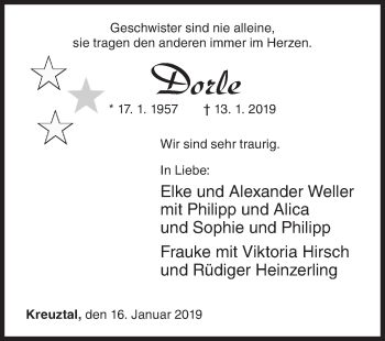 Traueranzeige von Dorle  von Siegener Zeitung