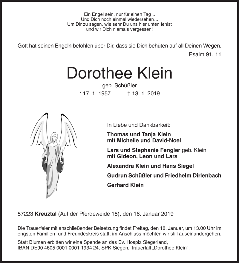  Traueranzeige für Dorothee Klein vom 16.01.2019 aus Siegener Zeitung