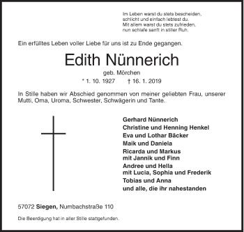 Traueranzeige von Edith Nünnerich von Siegener Zeitung