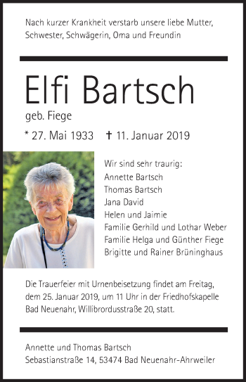 Traueranzeige von Elfi Bartsch von Siegener Zeitung