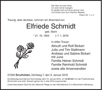 Traueranzeige von Elfriede Schmidt von Siegener Zeitung