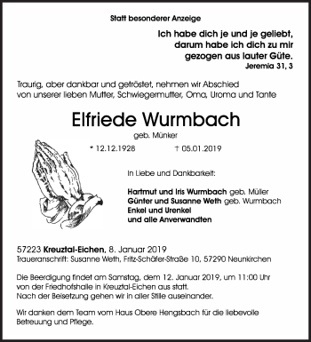 Traueranzeige von Elfriede Wurmbach von Siegener Zeitung