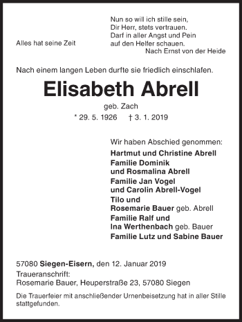 Traueranzeige von Elisabeth Abrell von Siegener Zeitung