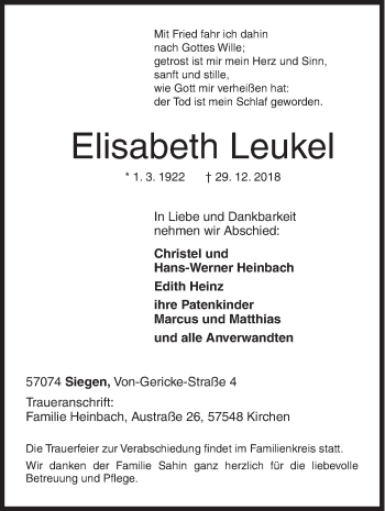 Traueranzeige von Elisabeth Leukel von Siegener Zeitung