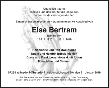 Traueranzeige von Else Bertram von Siegener Zeitung