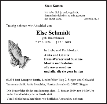 Traueranzeige von Else Schmidt von Siegener Zeitung
