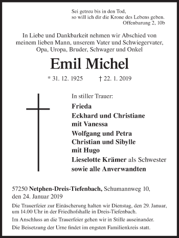 Traueranzeige von Emil Michel von Siegener Zeitung