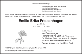Traueranzeige von Emilie Erika Friesenhagen von Siegener Zeitung