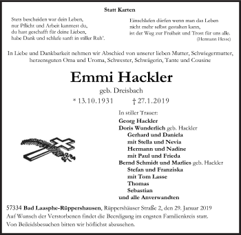 Traueranzeige von Emmi Hackler von Siegener Zeitung