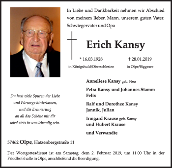 Traueranzeige von Erich Kansy von Siegener Zeitung