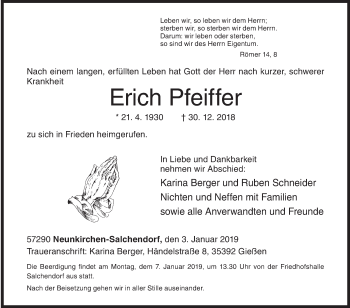 Traueranzeige von Erich Pfeiffer von Siegener Zeitung