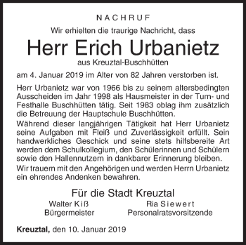 Traueranzeige von Erich Urbanietz von Siegener Zeitung