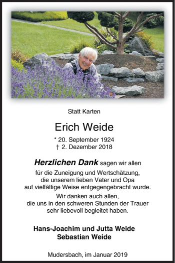Traueranzeige von Erich Weide von Siegener Zeitung