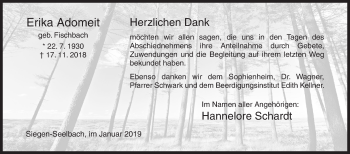Traueranzeige von Erika Adomeit von Siegener Zeitung
