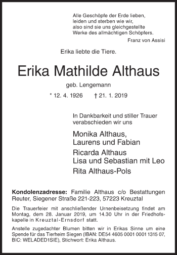 Traueranzeige von Erika Mathilde Althaus von Siegener Zeitung