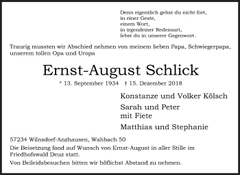 Traueranzeige von Ernst-August Schlick von Siegener Zeitung