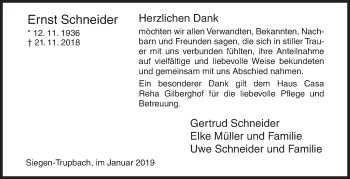 Traueranzeige von Ernst Schneider von Siegener Zeitung